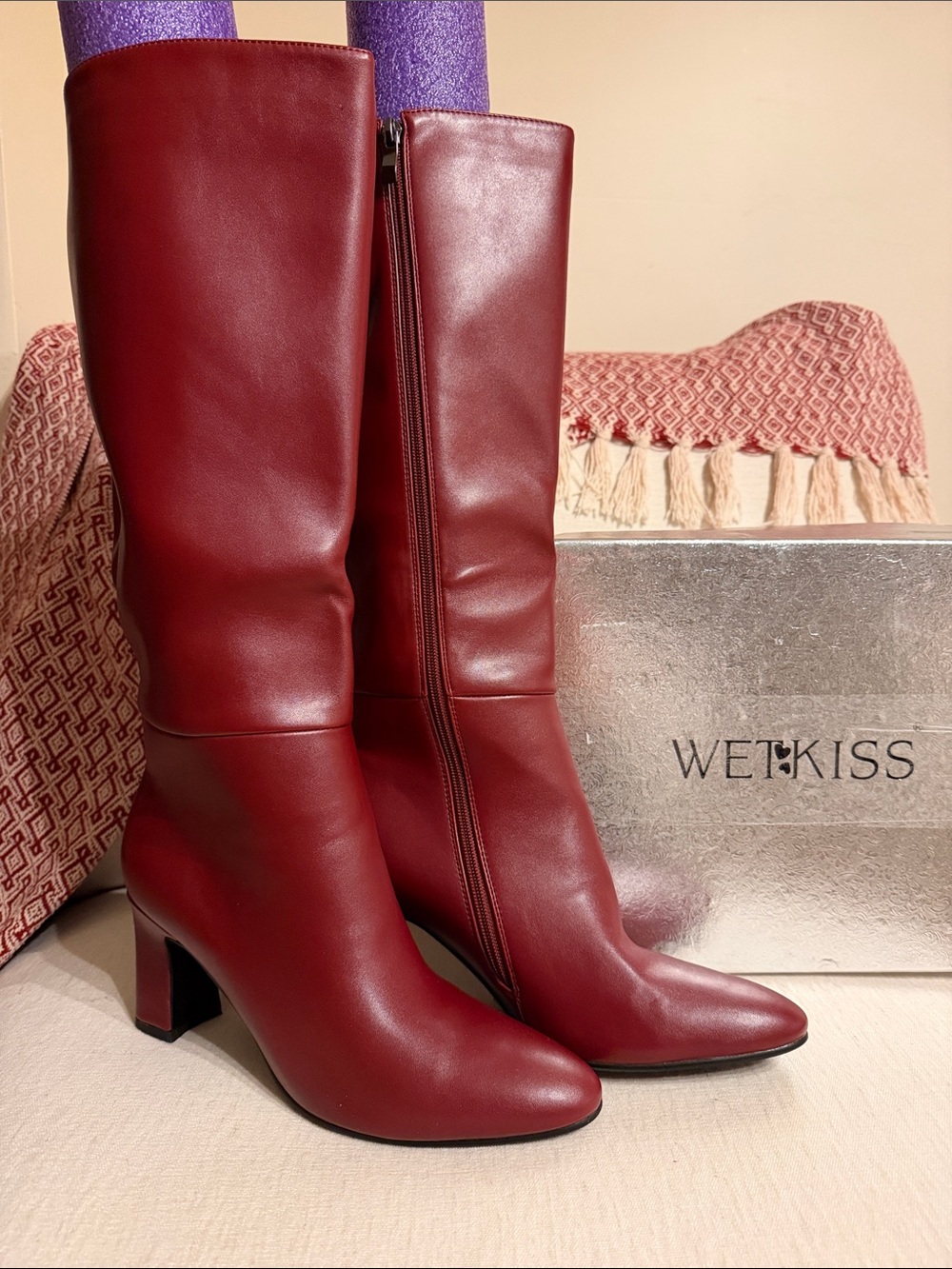 WETKISS Tall Mid-Heel Leather Boots in Burgundy